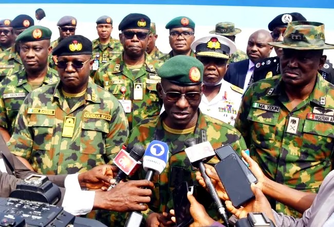 File photo: Chief of Defence Staff, Gen. Lucky Irabor (M), speaking to newsmen File photo: Chief of Defence Staff, Gen. Lucky Irabor (M), speaking to newsmen